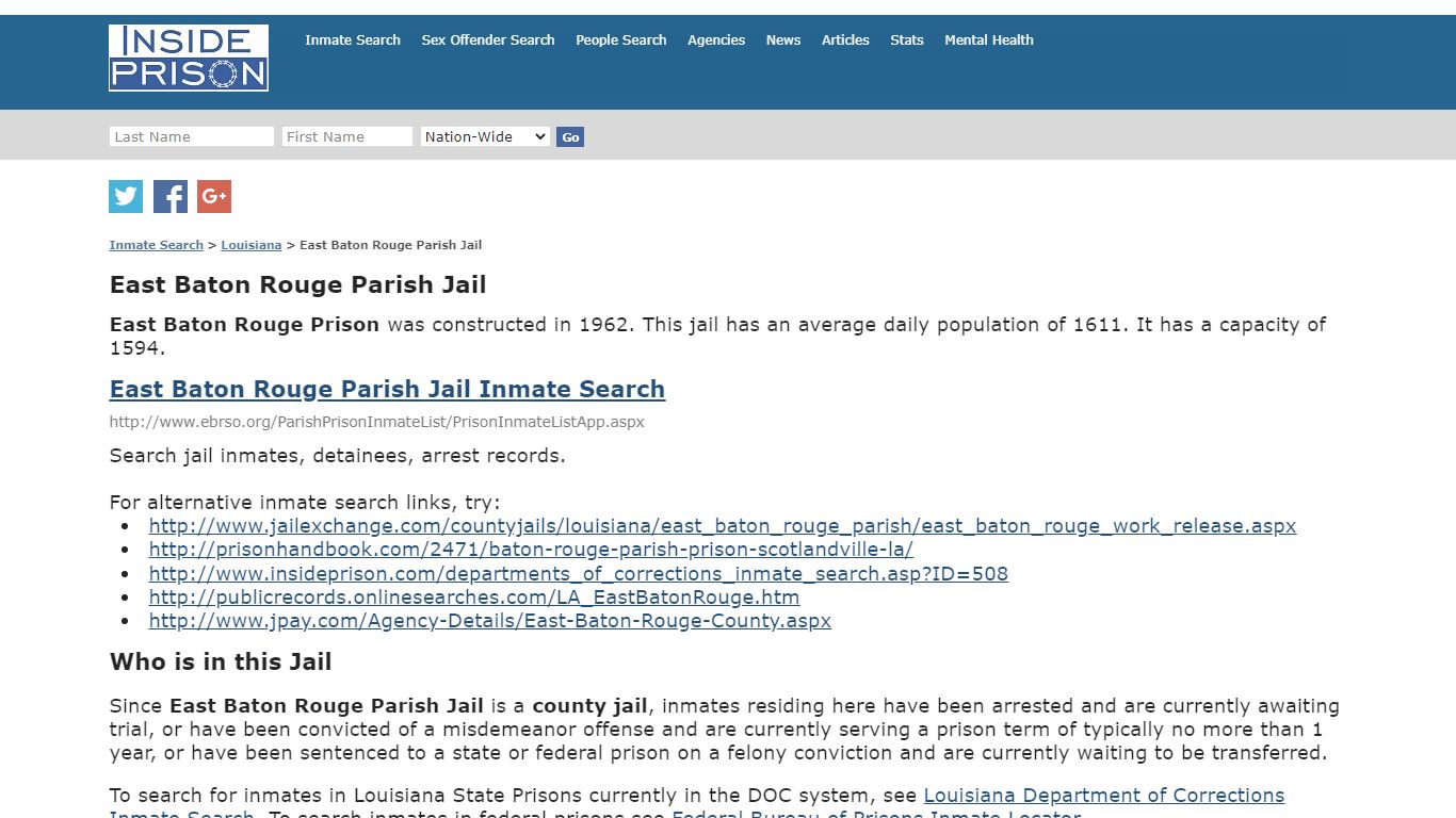 East Baton Rouge Parish Jail - Louisiana - Inmate Search